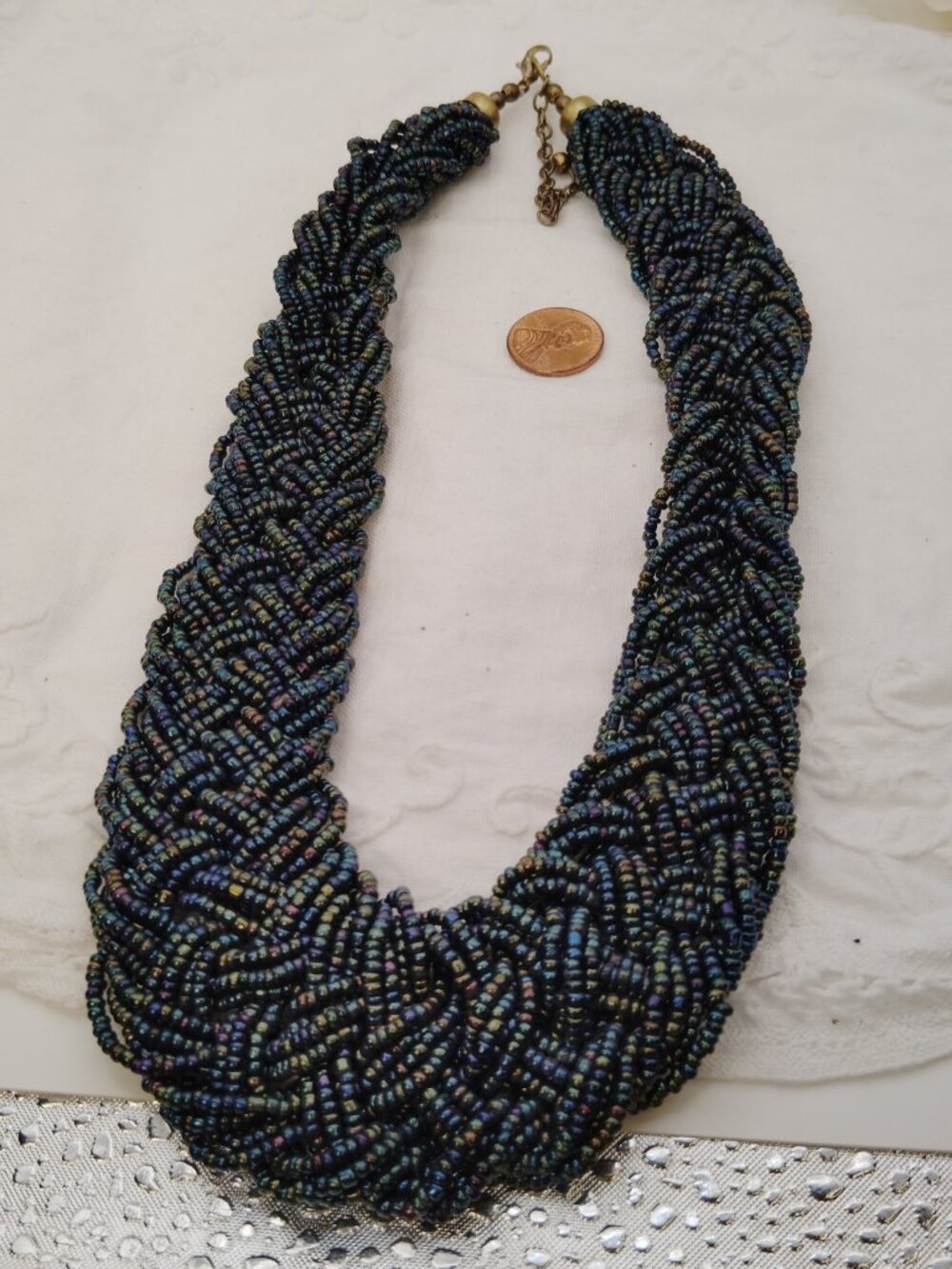 Vintage Peacock Braided Seed Bead Statement Necklace